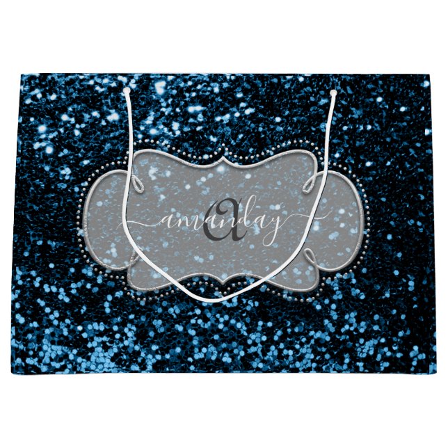Silver Frame Blue Navy Royal Monogram Name Glitter Large Gift Bag (Front)