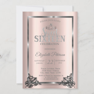 Silver Frame,Border,Tiara Rose Gold Sweet 16 Invitation