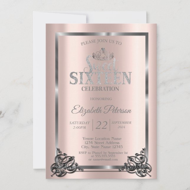 Silver Frame,Border,Tiara Rose Gold Sweet 16  Invitation (Front)