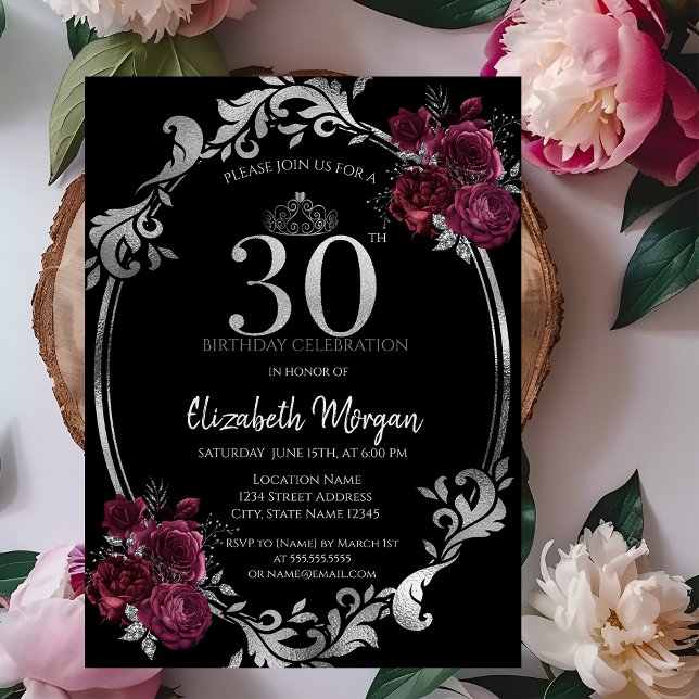 Silver Frame Burgundy Roses Black 30th Birthday Invitation (Creator Uploaded)