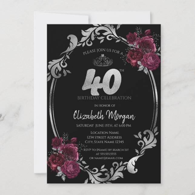Silver Frame Burgundy Roses Black 40th Birthday Invitation (Front)