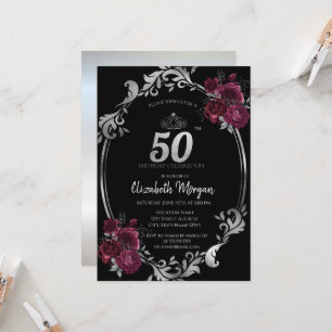 Silver Frame Burgundy Roses Black 50th Birthday Invitation