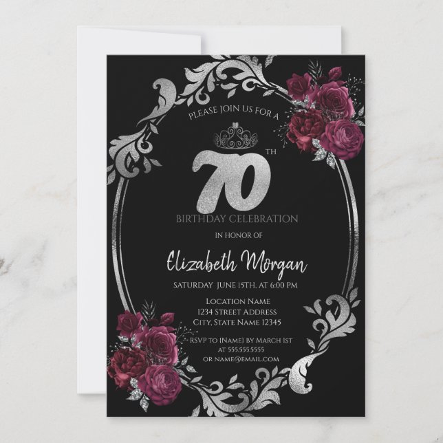 Silver Frame Burgundy Roses Black 70th Birthday Invitation (Front)
