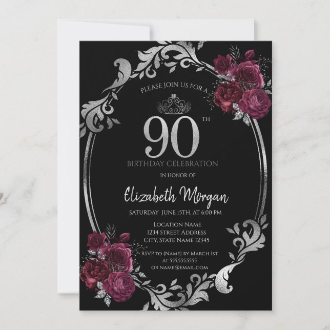 Silver Frame Burgundy Roses Black 90th Birthday Invitation (Front)
