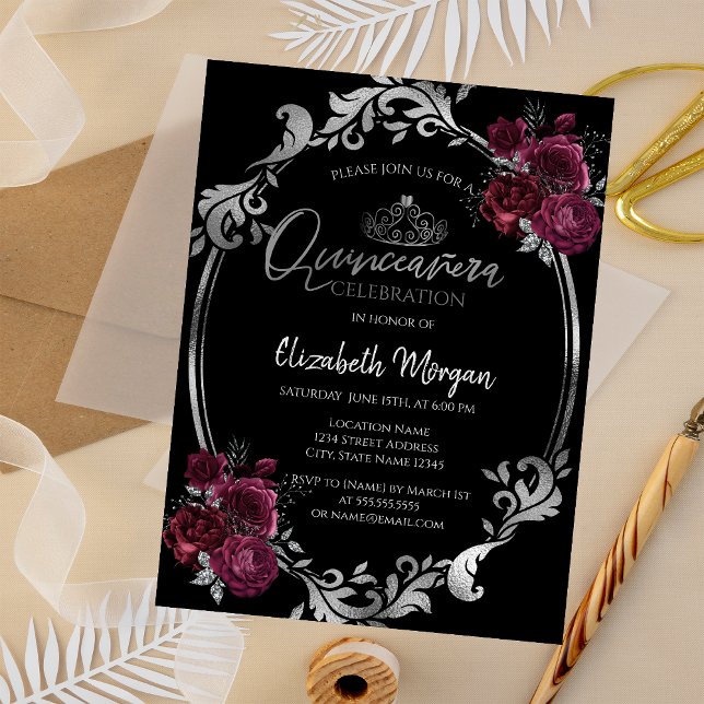Silver Frame Burgundy Roses Black Quinceañera  Invitation (Creator Uploaded)