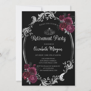 Silver Frame Burgundy Roses Black Retirement Invitation