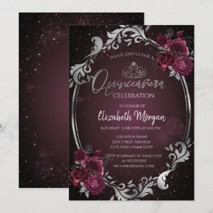 Silver Frame Burgundy Roses Dark Quinceañera  Invitation