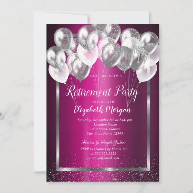 Silver Frame Confetti Balloons Purple Retirement  Invitation (Front)
