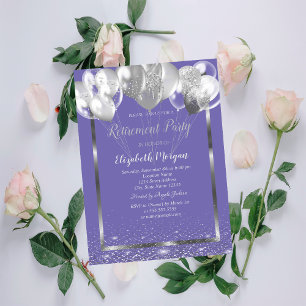 Silver Frame Confetti Balloons Violet Retirement  Invitation