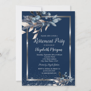 Silver Frame Confetti Winter Flowers Retirement  Invitation