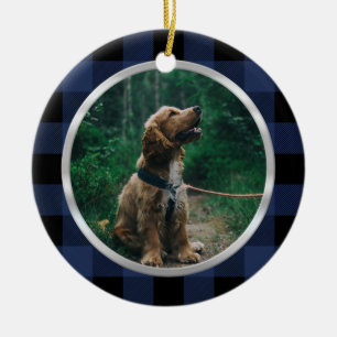 Silver Frame Dog Photo Navy Blue Plaid Tartan Ceramic Tree Decoration