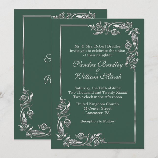 Silver Frame Forest Green  Invitation (Front/Back)