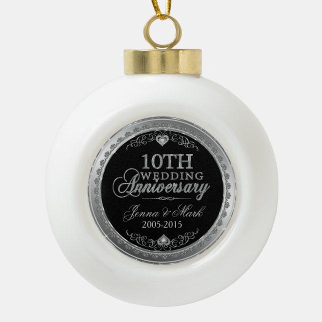 Silver Frame & Hearts 10th Wedding Anniversary Ceramic Ball Christmas Ornament (Front)