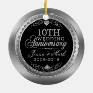 Silver Frame & Hearts 10th Wedding Anniversary Ceramic Tree Decoration