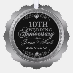 Silver Frame & Hearts 10th Wedding Anniversary Tree Decoration Card