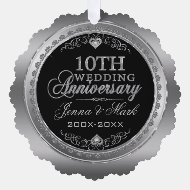 Silver Frame & Hearts 10th Wedding Anniversary Tree Decoration Card (Front)