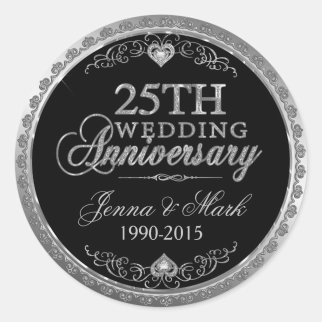 Silver Frame & Hearts 25th Wedding Anniversary Classic Round Sticker (Front)