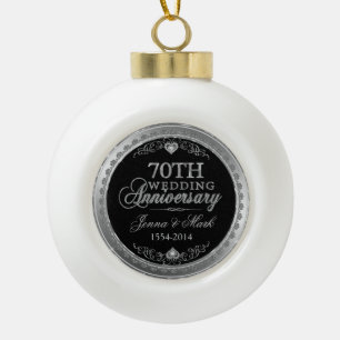 Silver Frame & Hearts 70th Wedding Anniversary Ceramic Ball Christmas Ornament