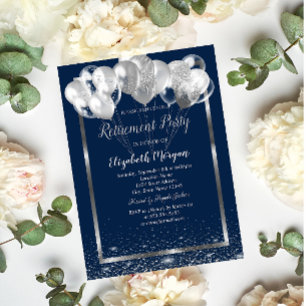 Silver Frame Navy Confetti Balloons Retirement  Invitation