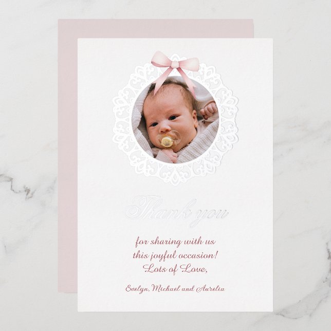Silver Frame Pink Bow Baptism Foil Thank You Card (Front/Back)