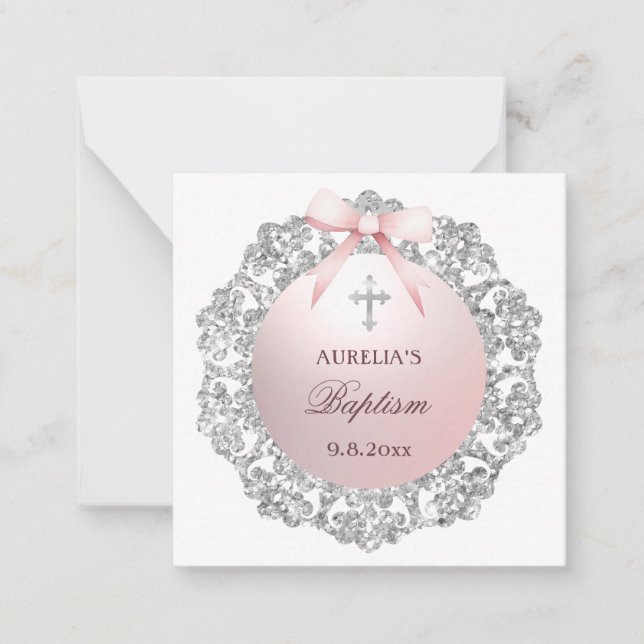 Silver Frame Pink Bow Baptism Gift Enclosure Card (Front)