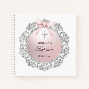 Silver Frame Pink Bow Baptism Square Guest Book