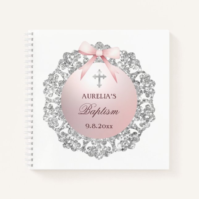 Silver Frame Pink Bow Baptism Square Guest Book (Front)