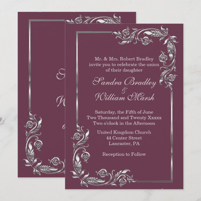 Silver Frame Plum Invitation (Front/Back)