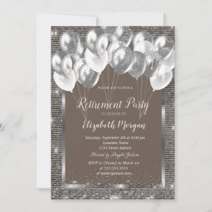 Silver Frame Sequins Balloons Brown Retirement  Invitation
