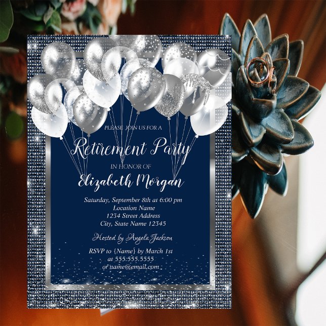 Silver Frame Sequins Balloons Navy Retirement  Invitation (Creator Uploaded)