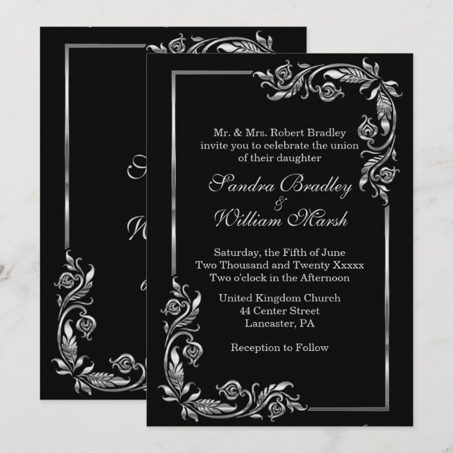 Silver Frame Stunning Black Invitation (Front/Back)