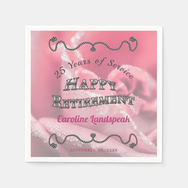 Silver Frame with Pink Rose photo Happy Retirement Napkin (Front)