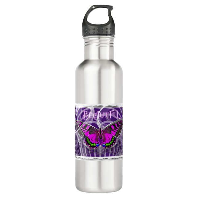 Silver Framed Colourful Butterfly with Swirls 710 Ml Water Bottle (Front)