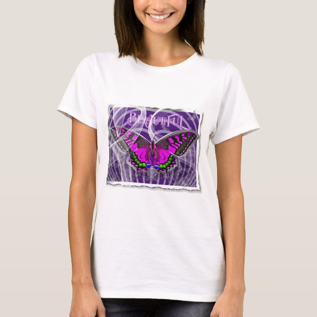 Silver Framed Colourful Butterfly with Swirls T-Shirt (Front)