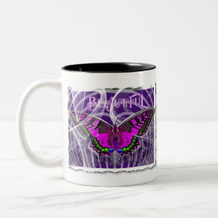 Silver Framed Colourful Butterfly with Swirls Two-Tone Coffee Mug