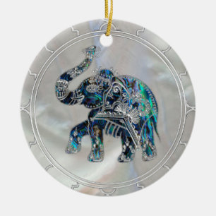 Silver Framed Elephant on Abalone and Pearl Ceramic Tree Decoration