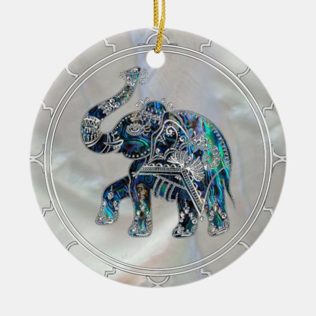Silver Framed Elephant on Abalone and Pearl Ceramic Tree Decoration (Front)