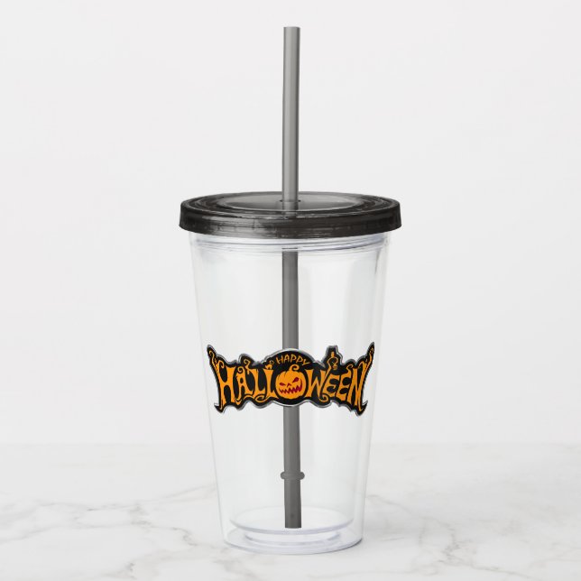 Silver Framed Happy Halloween Ruby Eyed Pumpkin Acrylic Tumbler (Front)