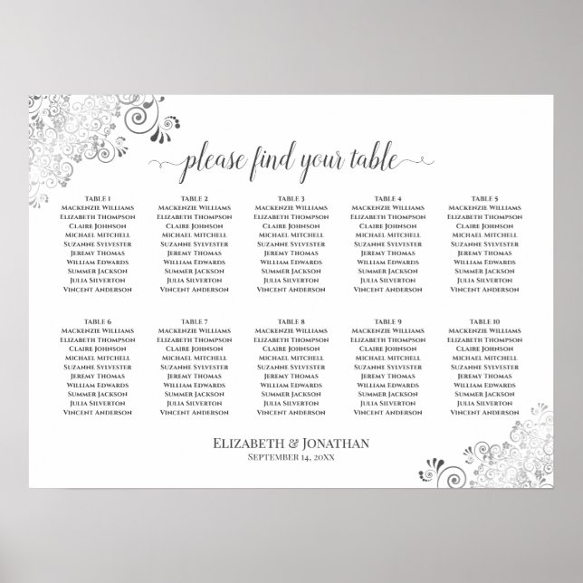 Silver Frills 10 Table Wedding Seating Chart White (Front)