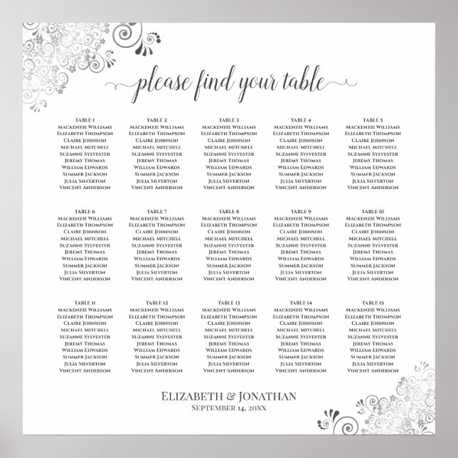Silver Frills 15 Table Wedding Seating Chart White (Front)