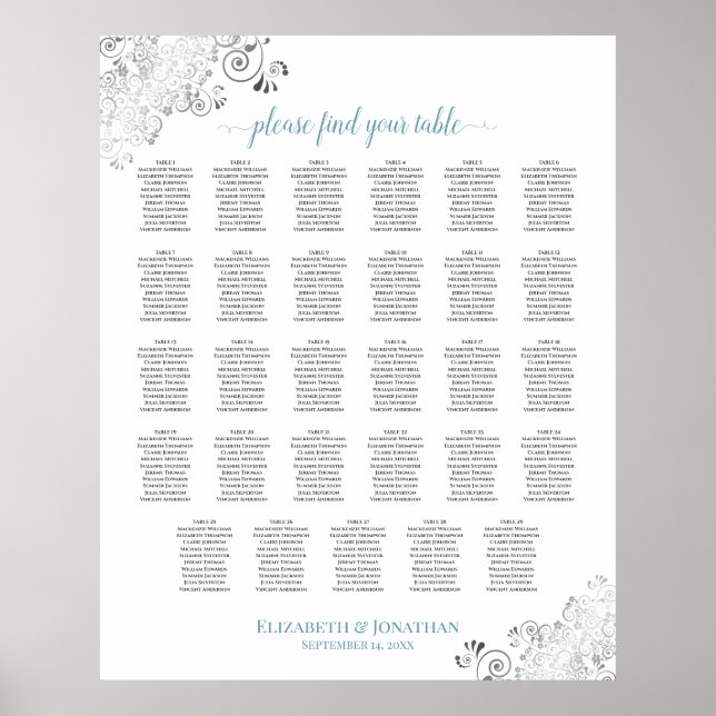 Silver Frills 29 Table Wedding Seating Chart Teal (Front)