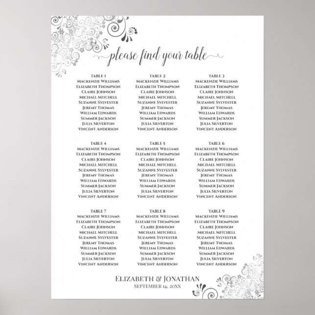 Silver Frills 9 Table Wedding Seating Chart White (Front)