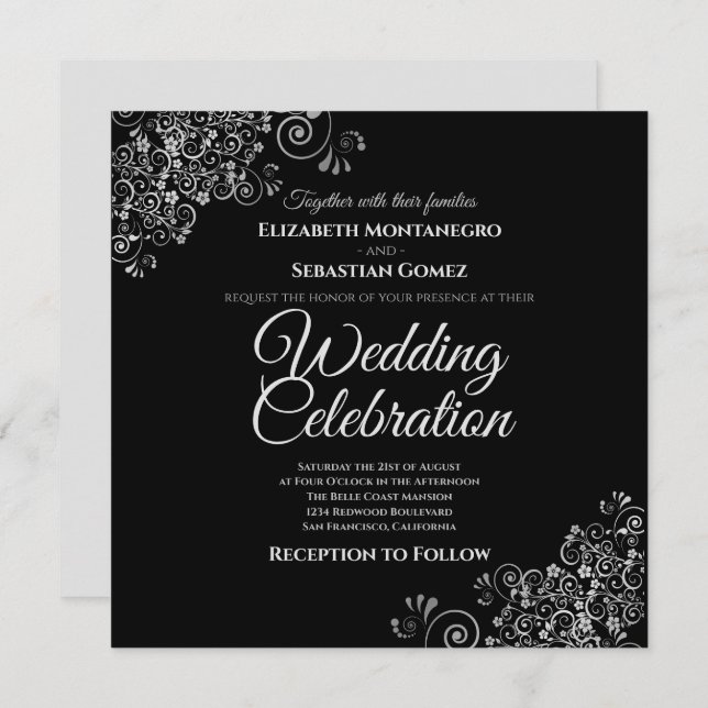 Silver Frills Black Simple Elegant Square Wedding Invitation (Front/Back)