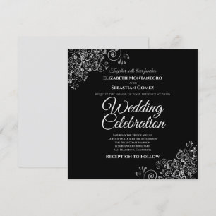 Silver Frills Black Simple Elegant Square Wedding Invitation