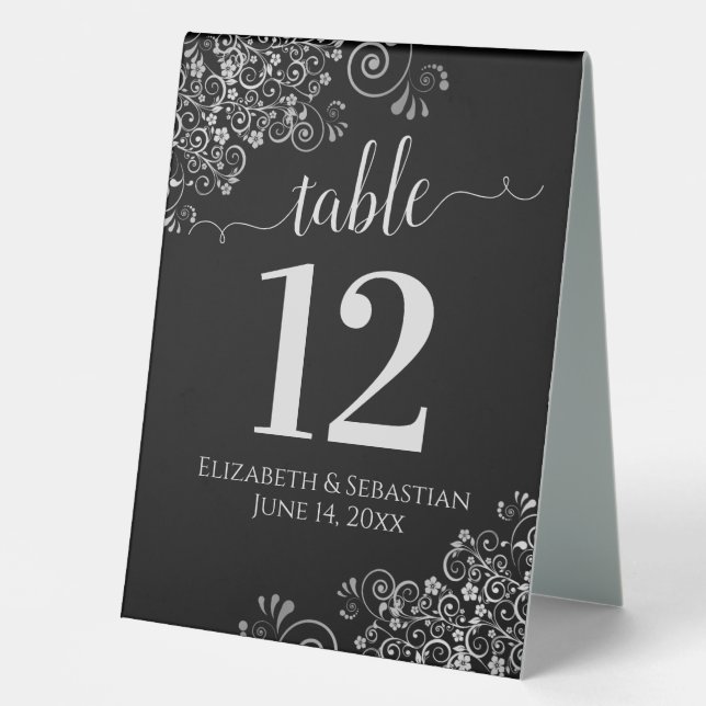 Silver Frills Black Wedding Table Number (Front)