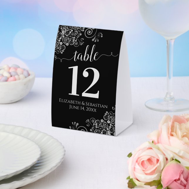 Silver Frills Black Wedding Table Number (Insitu(Wedding))