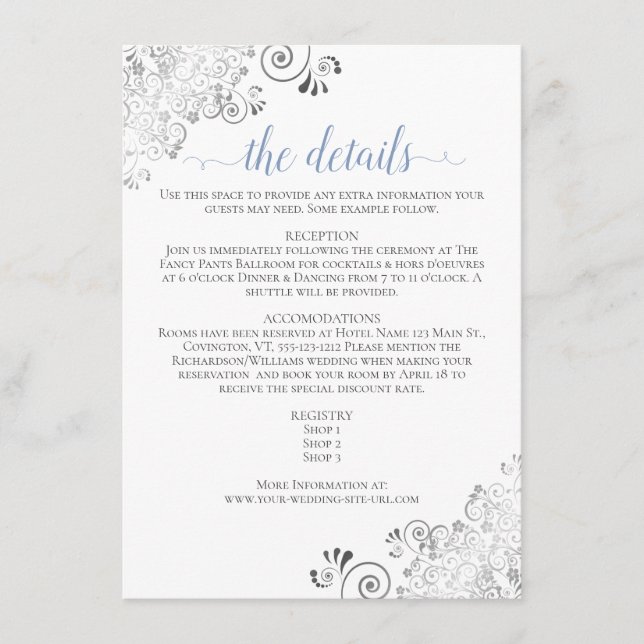 Silver Frills Blue on White Wedding Details Enclosure Card (Front)