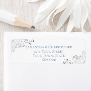 Silver Frills Blue on White Wedding Return Address