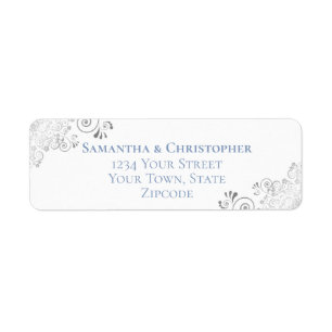Silver Frills Blue on White Wedding Return Address