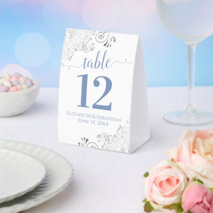 Silver Frills Blue on White Wedding Table Number